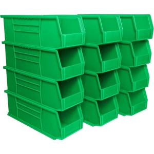 Akro-Mils 30234 AkroBins Plastic Storage Bins, Space-Saving Stackable Bins for Garage, Pantry, Craft Organization, 15″ x 5″ x 5″, Black, 12-Pack(Green)