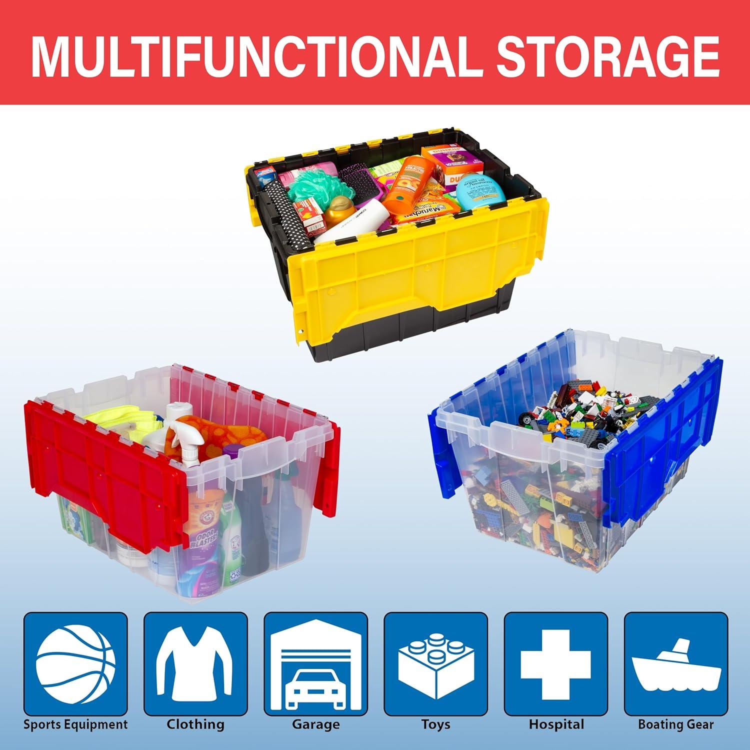 image:imageAkroMils KeepBox 12 Gallon Storage Container Nesting and Stackable Plastic Storage Box with Lid Attached Organizer Tote for Garages Closets and Moving 2112 x 15 x 1212 BlackYellowClearBlue