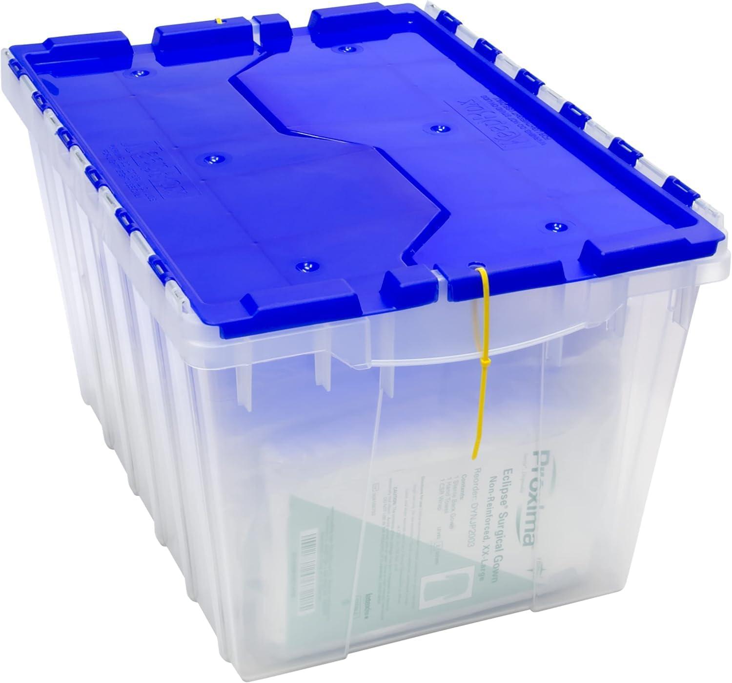 image:imageAkroMils KeepBox 12 Gallon Storage Container Nesting and Stackable Plastic Storage Box with Lid Attached Organizer Tote for Garages Closets and Moving 2112 x 15 x 1212 BlackYellowClearBlue