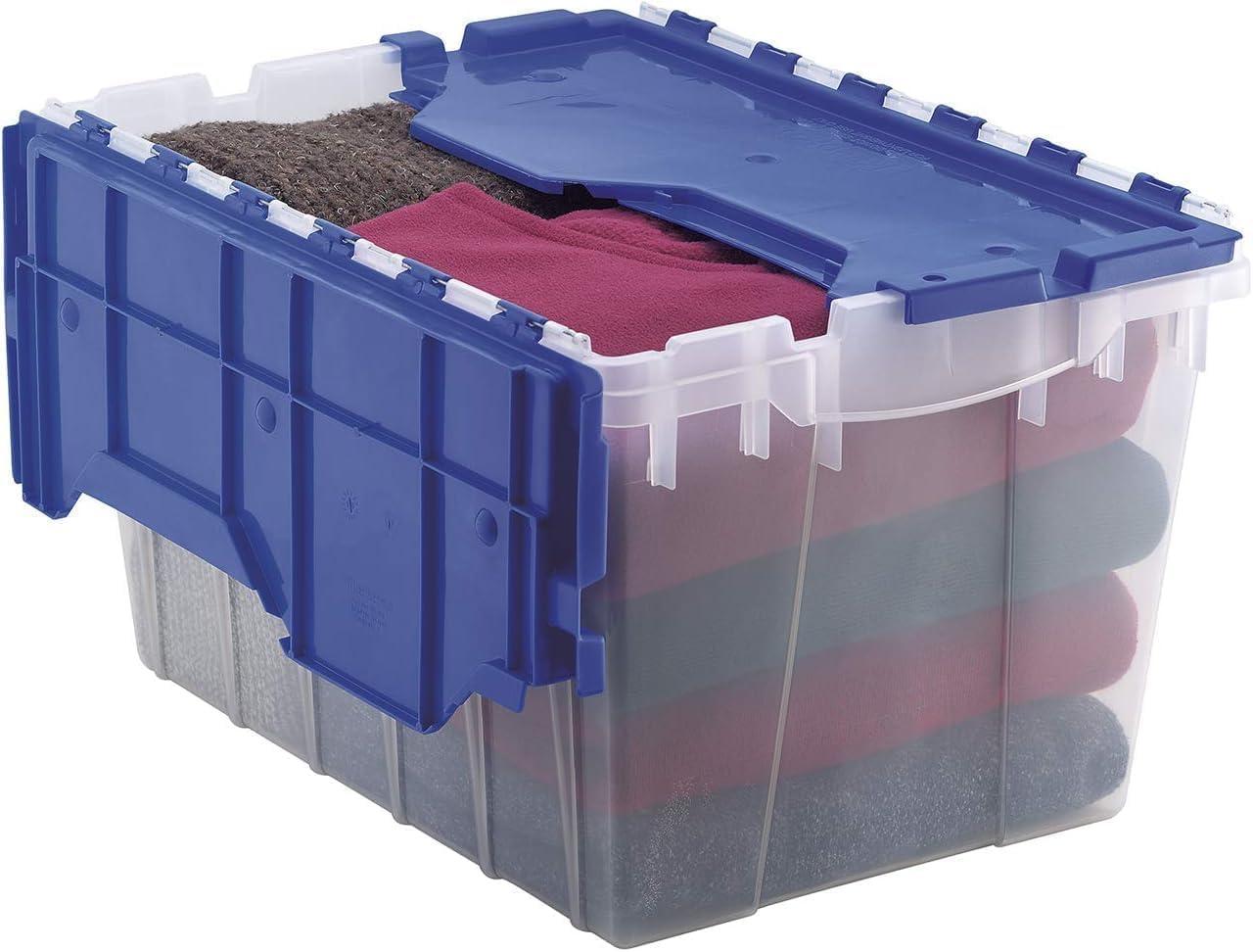 image:imageAkroMils KeepBox 12 Gallon Storage Container Nesting and Stackable Plastic Storage Box with Lid Attached Organizer Tote for Garages Closets and Moving 2112 x 15 x 1212 BlackYellowClearBlue