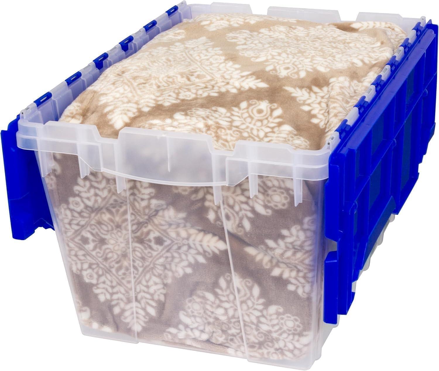 image:imageAkroMils KeepBox 12 Gallon Storage Container Nesting and Stackable Plastic Storage Box with Lid Attached Organizer Tote for Garages Closets and Moving 2112 x 15 x 1212 BlackYellowClearBlue