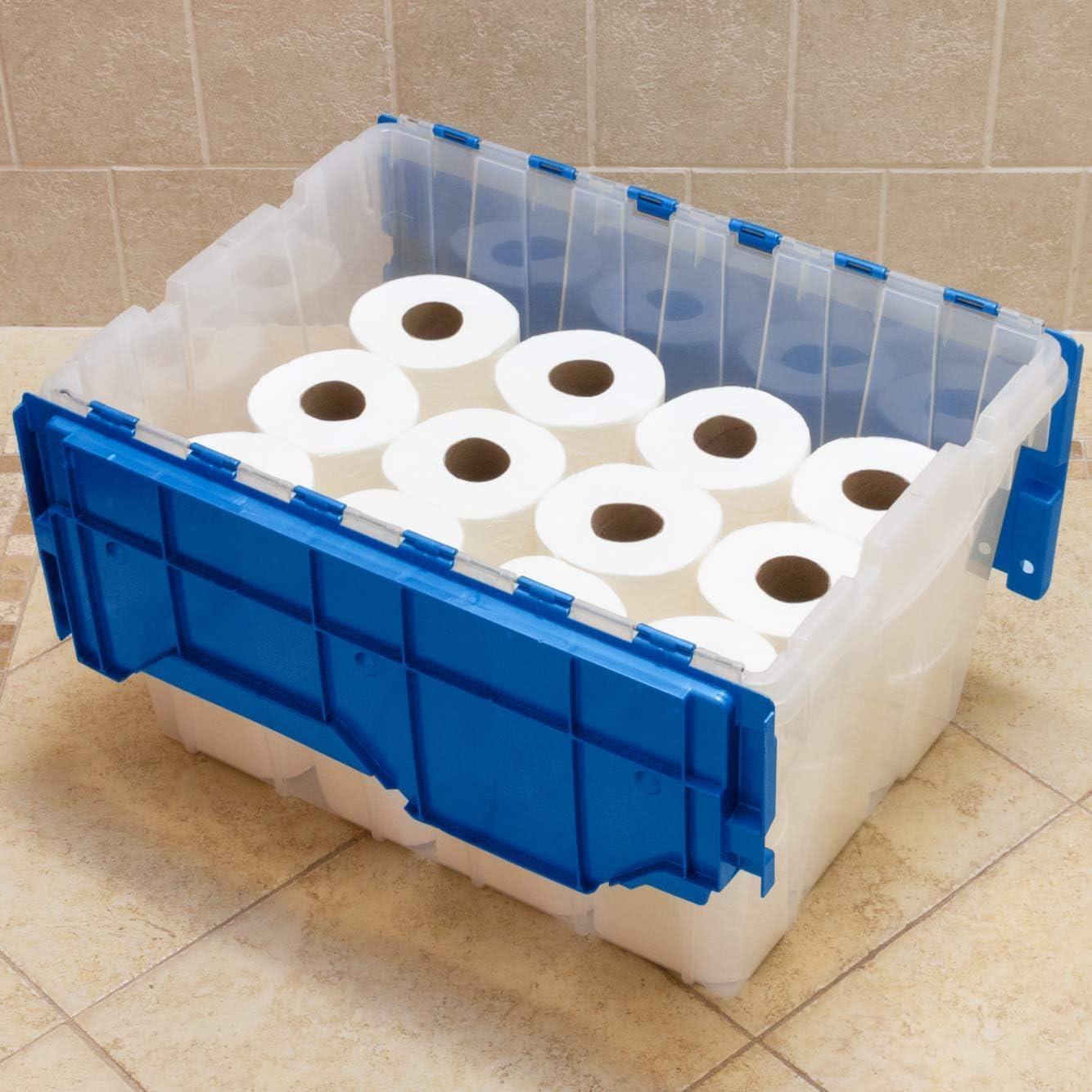 image:imageAkroMils KeepBox 12 Gallon Storage Container Nesting and Stackable Plastic Storage Box with Lid Attached Organizer Tote for Garages Closets and Moving 2112 x 15 x 1212 BlackYellowClearBlue