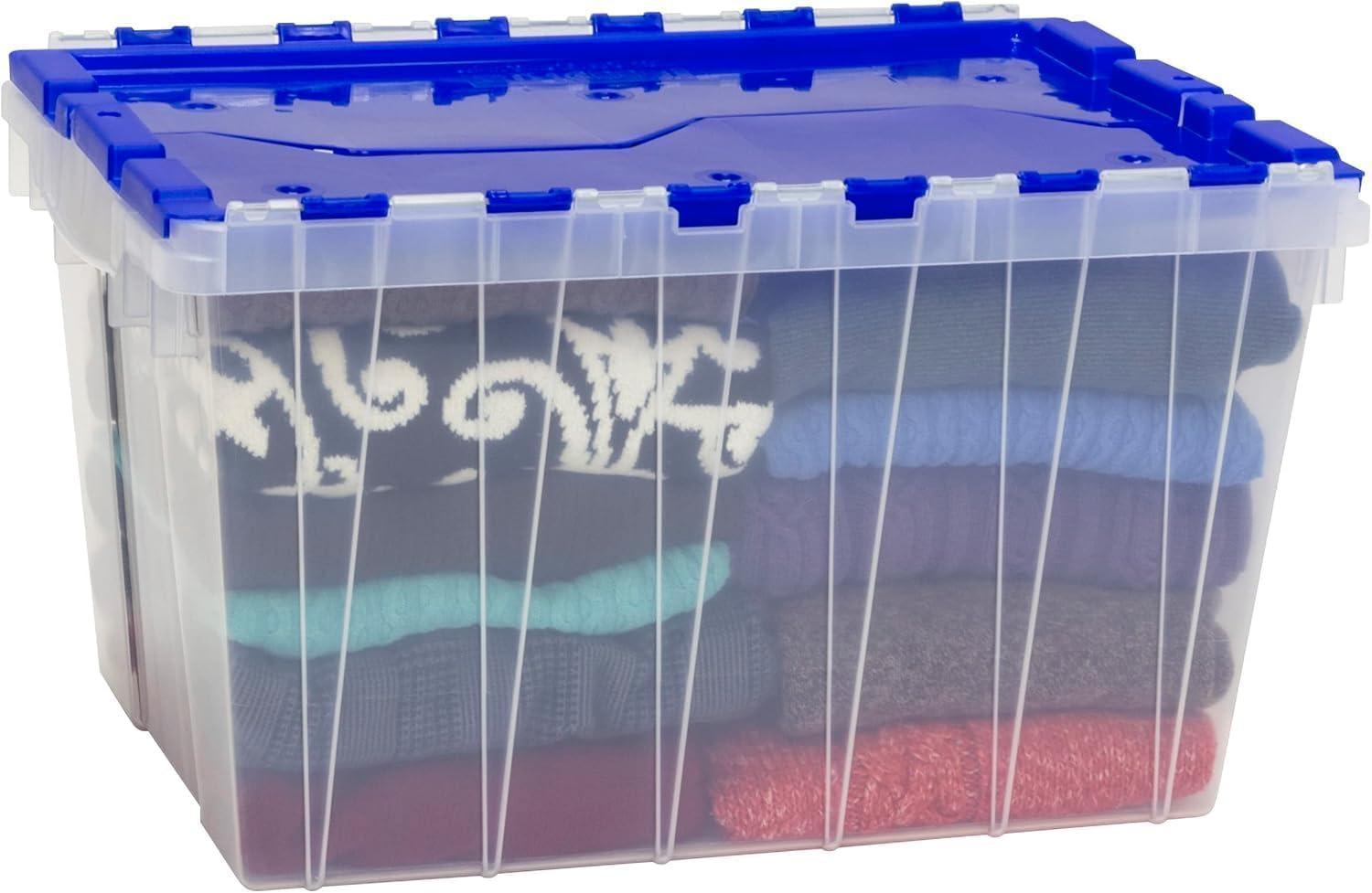 image:imageAkroMils KeepBox 12 Gallon Storage Container Nesting and Stackable Plastic Storage Box with Lid Attached Organizer Tote for Garages Closets and Moving 2112 x 15 x 1212 BlackYellowClearBlue