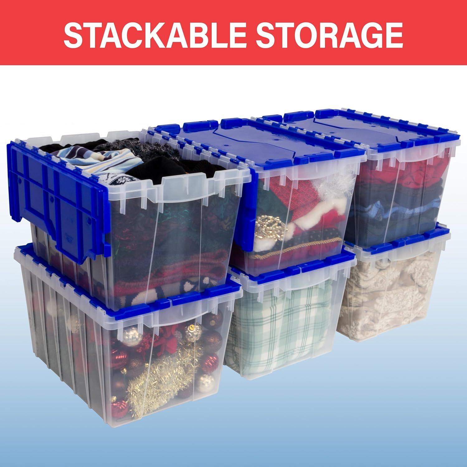 image:imageAkroMils KeepBox 12 Gallon Storage Container Nesting and Stackable Plastic Storage Box with Lid Attached Organizer Tote for Garages Closets and Moving 2112 x 15 x 1212 BlackYellowClearBlue