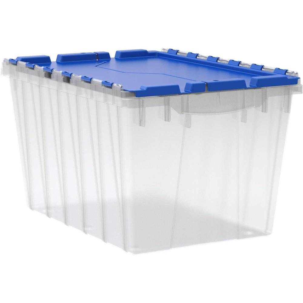 image:imageAkroMils KeepBox 12 Gallon Storage Container Nesting and Stackable Plastic Storage Box with Lid Attached Organizer Tote for Garages Closets and Moving 2112 x 15 x 1212 BlackYellowClearBlue