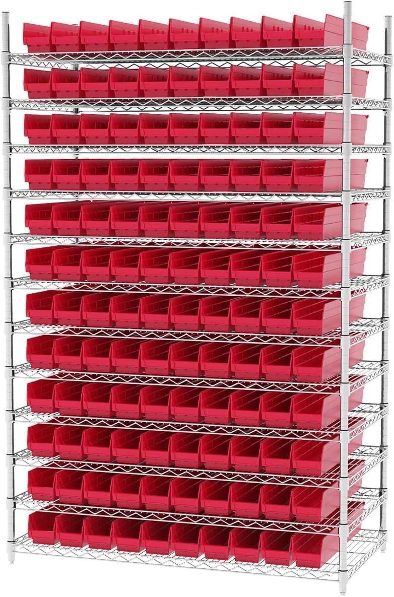 image:imageAkroMils 30124 Plastic Shelf Bins Heavy Duty Storage Bins for Garage Closet and Drawer Organization 24Inch x 4Inch x 4Inch Blue 12PackRed