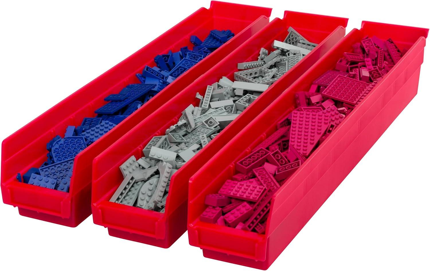 image:imageAkroMils 30124 Plastic Shelf Bins Heavy Duty Storage Bins for Garage Closet and Drawer Organization 24Inch x 4Inch x 4Inch Blue 12PackRed