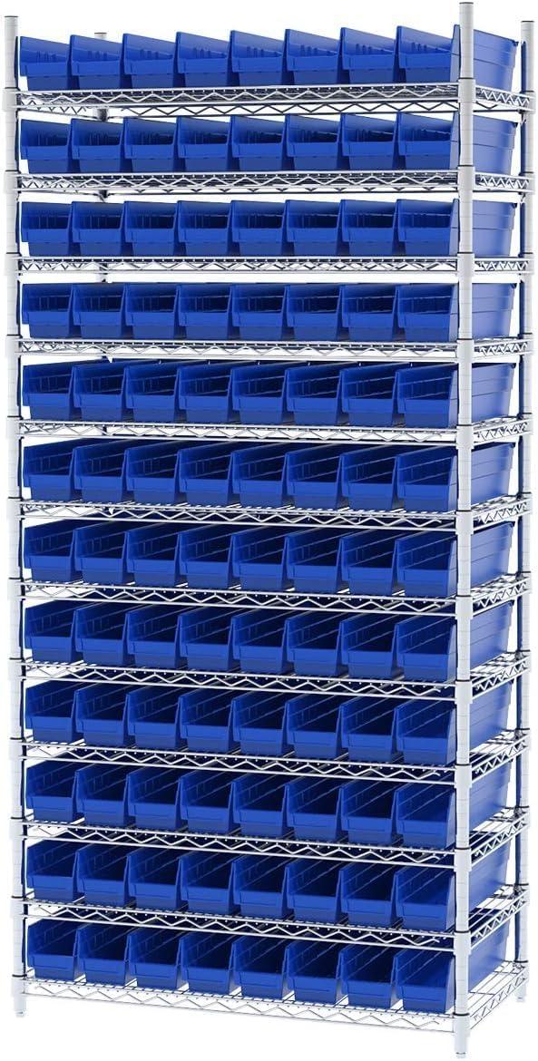 image:imageAkroMils 30128 Plastic Shelf Bins Heavy Duty Storage Bins for Garage Closet and Drawer Organization 18Inch x 4Inch x 4Inch Blue 12PackBlue