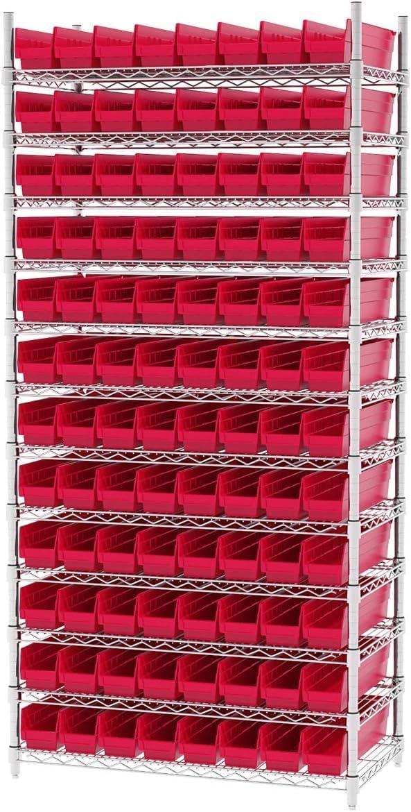 image:imageAkroMils 30128 Plastic Shelf Bins Heavy Duty Storage Bins for Garage Closet and Drawer Organization 18Inch x 4Inch x 4Inch Blue 12PackRed