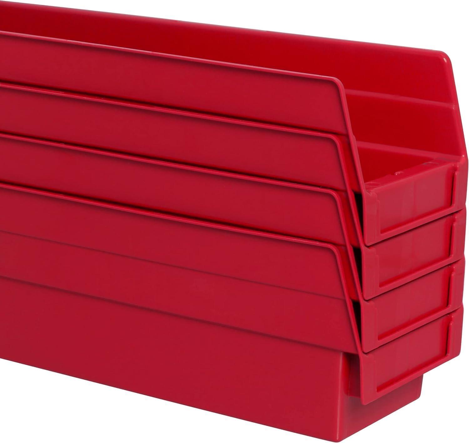 image:imageAkroMils 30128 Plastic Shelf Bins Heavy Duty Storage Bins for Garage Closet and Drawer Organization 18Inch x 4Inch x 4Inch Blue 12PackRed