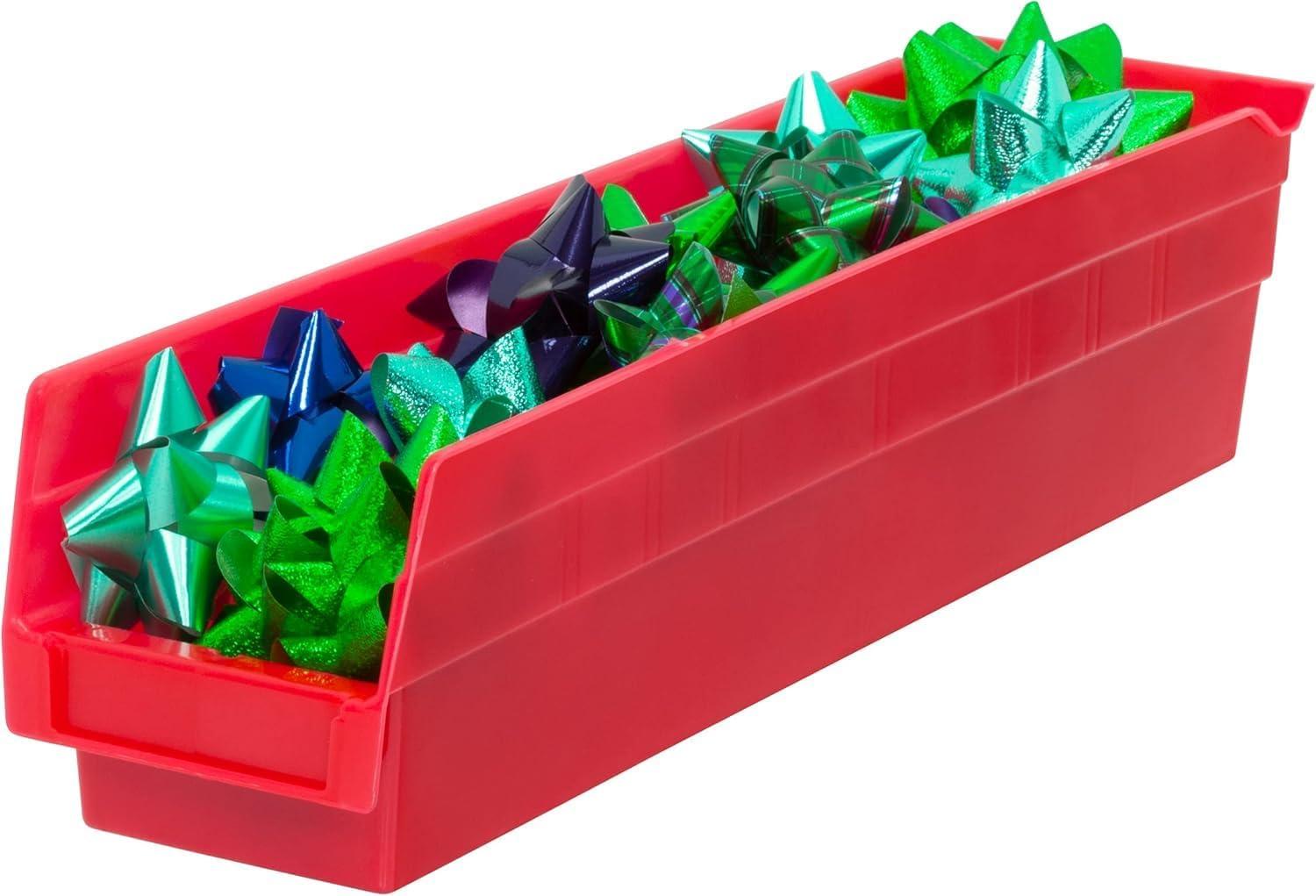 image:imageAkroMils 30128 Plastic Shelf Bins Heavy Duty Storage Bins for Garage Closet and Drawer Organization 18Inch x 4Inch x 4Inch Blue 12PackRed