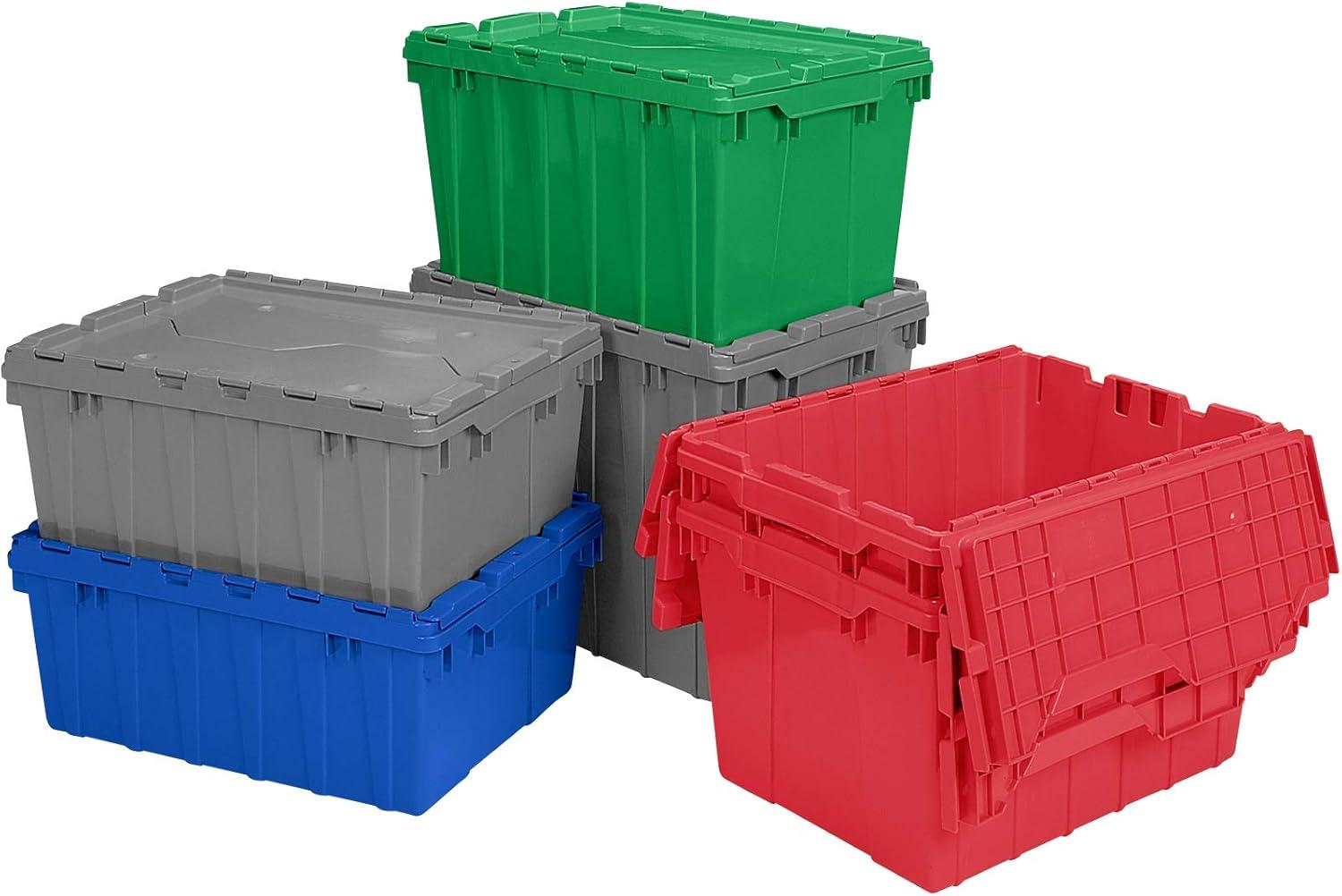 image:imageAkroMils 39170 Industrial Plastic Storage Tote with Hinged Attached Lid 21Inch L by 15Inch W by 17Inch H Blue 3PackGray