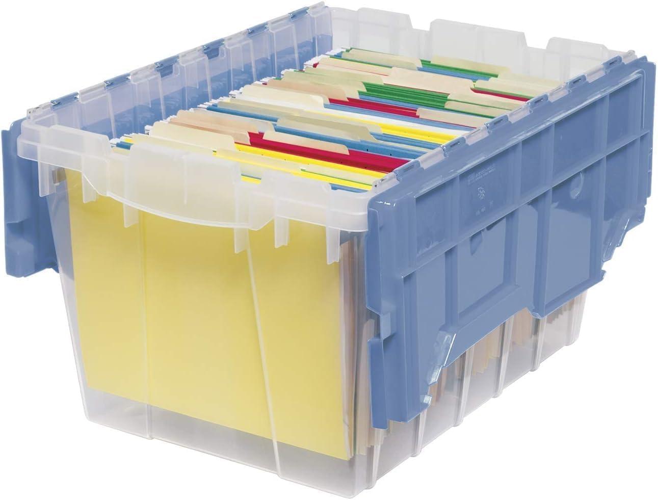 image:imageAkroMils KeepBox 12 Gallon Storage Container Nesting and Stackable Plastic Storage Box with Lid Attached and Rails for Letter Size Hanging File Folders 21 x 15 x 12 ClearBlueKeepBox File Box