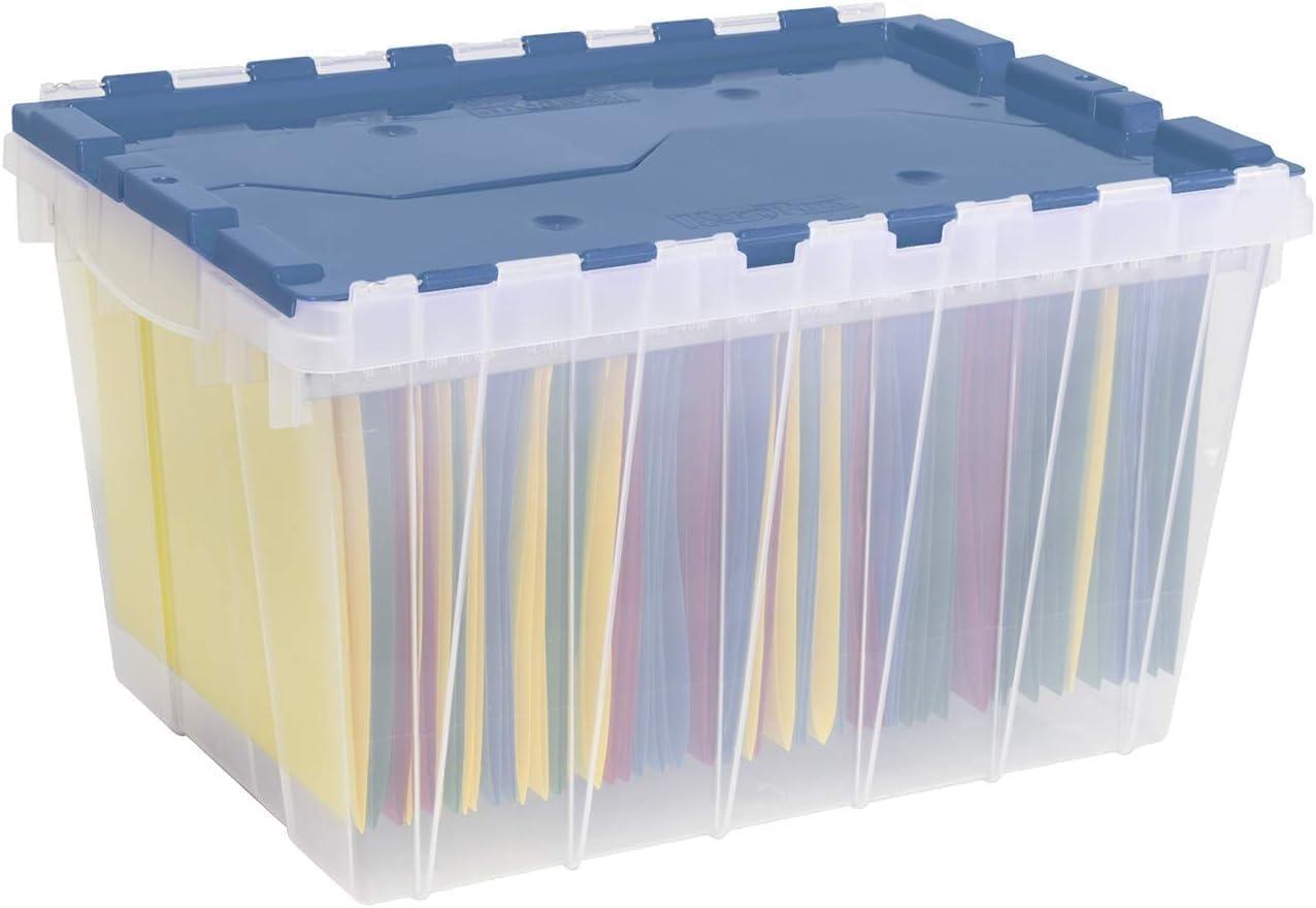 image:imageAkroMils KeepBox 12 Gallon Storage Container Nesting and Stackable Plastic Storage Box with Lid Attached and Rails for Letter Size Hanging File Folders 21 x 15 x 12 ClearBlueKeepBox File Box