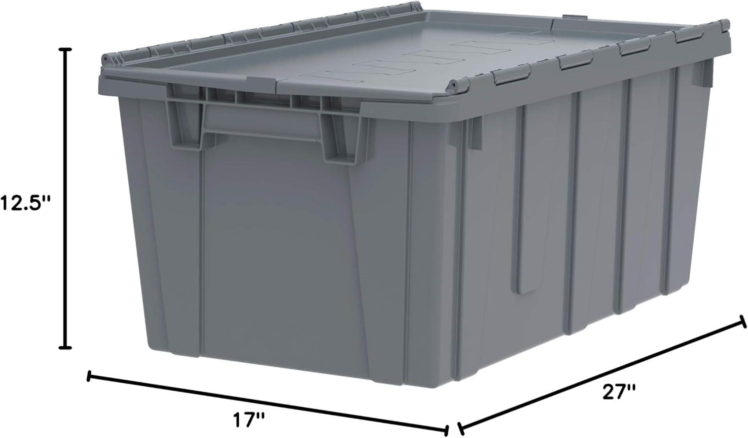 image:imageBuckhorn AR2717120204000 Industrial Plastic Stackable Storage KeepBox Tote Container with Hinged Attached Lid 27Inch L x 17Inch W x 12Inch H GreenGrey