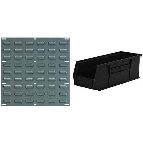 image:imageAkroMils 18x19 Steel Wall Mount Louvered Panel with 12Pack of 15 x5 x5 AkroBins Stackable Plastic Storage Bins Black Organization Bundle for Garage Workshop Classroom