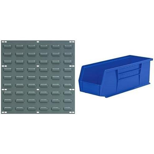 image:imageAkroMils 18x19 Steel Wall Mount Louvered Panel with 12Pack of 15 x5 x5 AkroBins Stackable Plastic Storage Bins Blue Organization Bundle for Garage Workshop Classroom