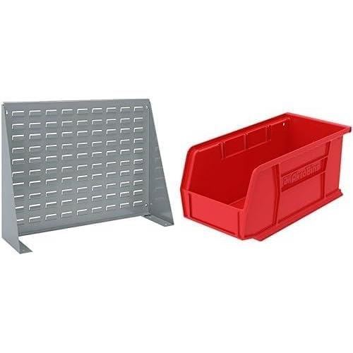 image:imageAkroMils 28x8x20 Steel Louvered Panel Work Bench Storage Rack with 12Pack of 11 x5 x5 AkroBins Stackable Plastic Storage Bins Red Organization Bundle for Garage Workshop Classroom