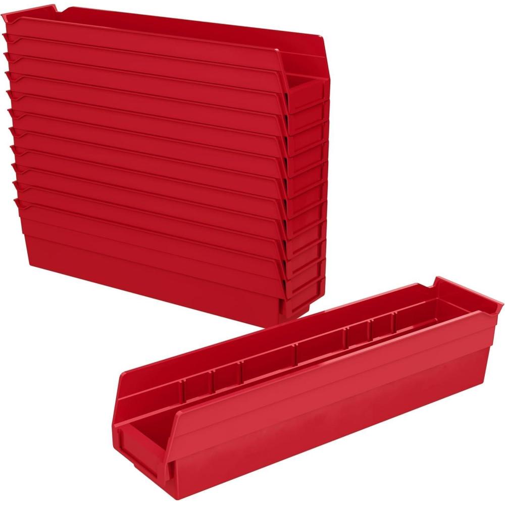 image:imageAkroMils 30128 Plastic Shelf Bins Heavy Duty Storage Bins for Garage Closet and Drawer Organization 18Inch x 4Inch x 4Inch Blue 12PackRed