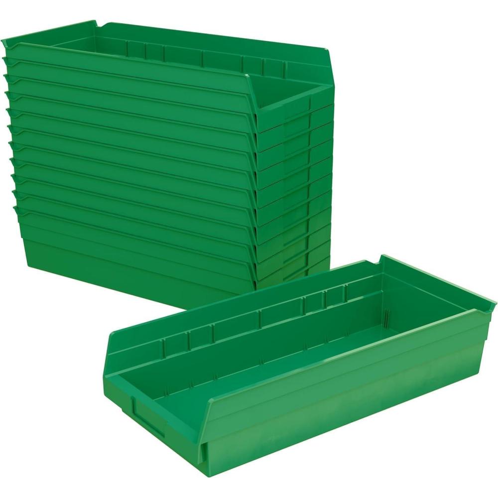 image:imageAkroMils 30158 Plastic Shelf Bins Heavy Duty Storage Bins for Garage Closet and Drawer Organization 18Inch x 8Inch x 4Inch Blue 12PackGreen
