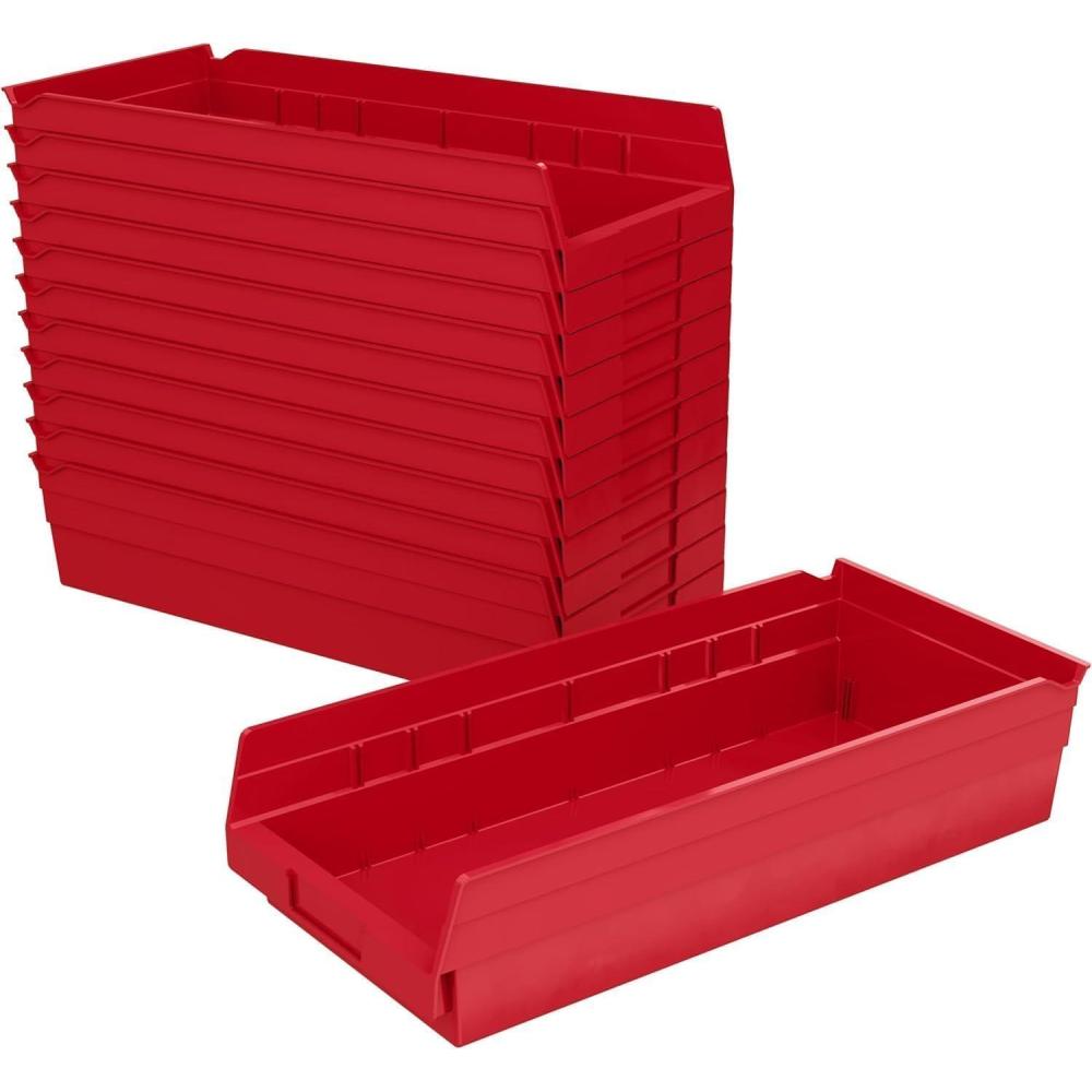 image:imageAkroMils 30158 Plastic Shelf Bins Heavy Duty Storage Bins for Garage Closet and Drawer Organization 18Inch x 8Inch x 4Inch Blue 12PackRed