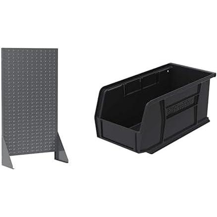 image:imageAkroMils 36x13x66 Louvered Steel Single Sided Floor Rack Organizer with 12Pack of 11 x5 x5 AkroBins Stackable Plastic Storage Bins Black Organization Bundle for Garage Workshop Classroom