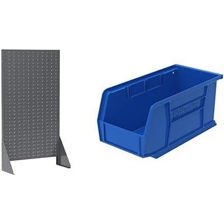 image:imageAkroMils 36x13x66 Louvered Steel Single Sided Floor Rack Organizer with 12Pack of 11 x5 x5 AkroBins Stackable Plastic Storage Bins Blue Organization Bundle for Garage Workshop Classroom