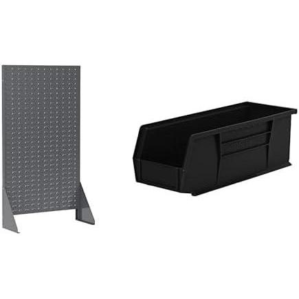image:imageAkroMils 36x13x66 Louvered Steel Single Sided Floor Rack Organizer with 12Pack of 15 x5 x5 AkroBins Stackable Plastic Storage Bins Black Organization Bundle for Garage Workshop Classroom