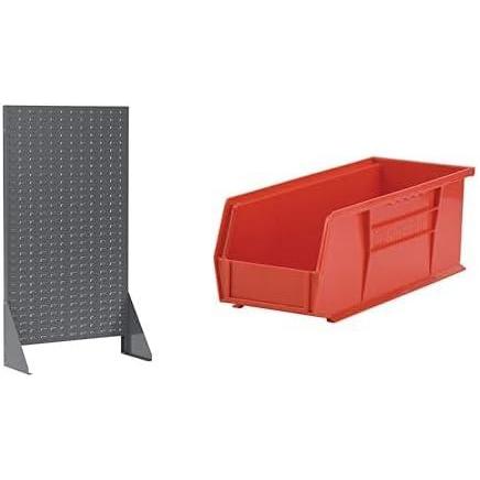 image:imageAkroMils 36x13x66 Louvered Steel Single Sided Floor Rack Organizer with 12Pack of 15 x5 x5 AkroBins Stackable Plastic Storage Bins Red Organization Bundle for Garage Workshop Classroom