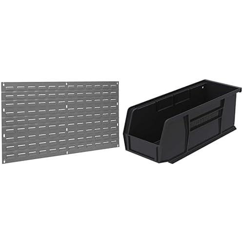 image:imageAkroMils 36x19 Steel Wall Mount Louvered Panel with 12Pack of 11x4x4 AkroBins Stackable Plastic Storage Bins Black Organization Bundle for Garage Workshop Classroom