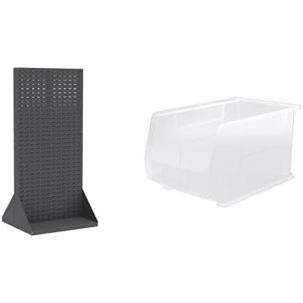 image:imageAkroMils 36x32x75 Louvered Steel Double Sided Floor Rack Organizer with 6Pack of 18x11x10 AkroBins Stackable Plastic Storage Bins Clear Organization Bundle for Garage Workshop Classroom