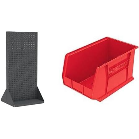 image:imageAkroMils 36x32x75 Louvered Steel Double Sided Floor Rack Organizer with 6Pack of 18x11x10 AkroBins Stackable Plastic Storage Bins Red Organization Bundle for Garage Workshop Classroom