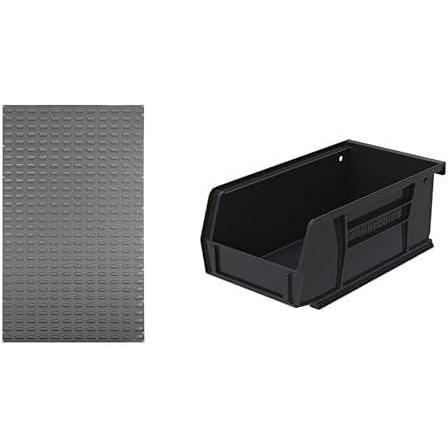 image:imageAkroMils 36x61 Steel Wall Mount Louvered Panel with 24Pack of 7 x4 x3 AkroBins Stackable Plastic Storage Bins Black Organization Bundle for Garage Workshop Classroom