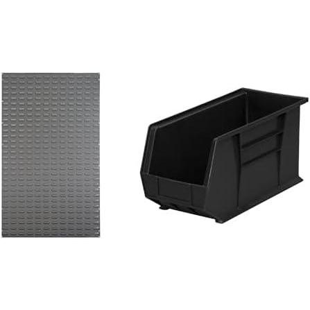 image:imageAkroMils 36x61 Steel Wall Mount Louvered Panel with 6Pack of 18x825x9 AkroBins Stackable Plastic Storage Bins Black Organization Bundle for Garage Workshop Classroom