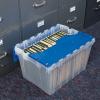 Akro-Mils KeepBox 12 Gallon Storage Container, Nesting and Stackable Plastic Storage Box with Lid Attached and Rails for Letter Size Hanging File Folders, 21″ x 15″ x 12″, Clear/Blue(6-Pack)
