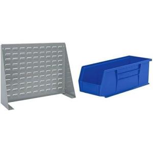 Akro-Mils 28″x8″x20″ Steel Louvered Panel Work Bench Storage Rack with 12-Pack of 15 x5 x5 AkroBins Stackable Plastic Storage Bins (Blue), Organization Bundle for Garage, Workshop, Classroom