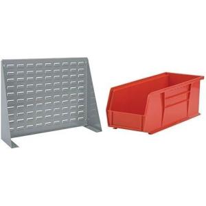 Akro-Mils 28″x8″x20″ Steel Louvered Panel Work Bench Storage Rack with 12-Pack of 15 x5 x5 AkroBins Stackable Plastic Storage Bins (Red), Organization Bundle for Garage, Workshop, Classroom