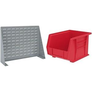 Akro-Mils 28″x8″x20″ Steel Louvered Panel Work Bench Storage Rack with 6-Pack of 11 x8 x7 AkroBins Stackable Plastic Storage Bins (Red), Organization Bundle for Garage, Workshop, Classroom