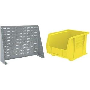 Akro-Mils 28″x8″x20″ Steel Louvered Panel Work Bench Storage Rack with 6-Pack of 11 x8 x7 AkroBins Stackable Plastic Storage Bins (Yellow), Organization Bundle for Garage, Workshop, Classroom