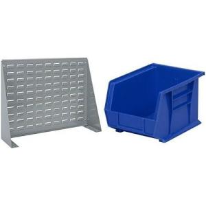 Akro-Mils 28″x8″x20″ Steel Louvered Panel Work Bench Storage Rack with 6-Pack of 11 x8 x7 AkroBins Stackable Plastic Storage Bins (Blue), Organization Bundle for Garage, Workshop, Classroom