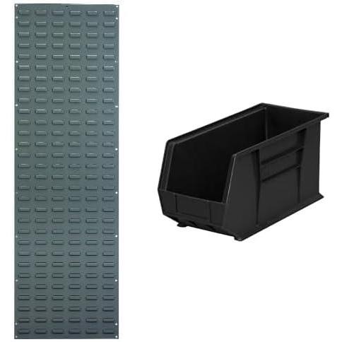 image:imageAkroMils 18x61 Steel Wall Mount Louvered Panel with 6Pack of 18x825x9 AkroBins Stackable Plastic Storage Bins Black Organization Bundle for Garage Workshop Classroom
