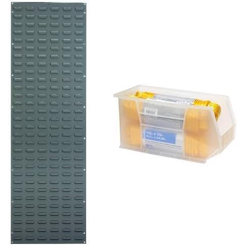 image:imageAkroMils 18x61 Steel Wall Mount Louvered Panel with 6Pack of 18x825x9 AkroBins Stackable Plastic Storage Bins Clear Organization Bundle for Garage Workshop Classroom
