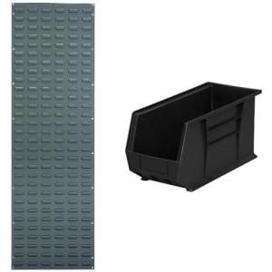 Akro-Mils 18″x61″ Steel Wall Mount Louvered Panel with 6-Pack of 18″x8.25″x9″ AkroBins Stackable Plastic Storage Bins (Black), Organization Bundle for Garage, Workshop, Classroom