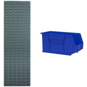 Akro-Mils 18″x61″ Steel Wall Mount Louvered Panel with 6-Pack of 18″x8.25″x9″ AkroBins Stackable Plastic Storage Bins (Blue), Organization Bundle for Garage, Workshop, Classroom